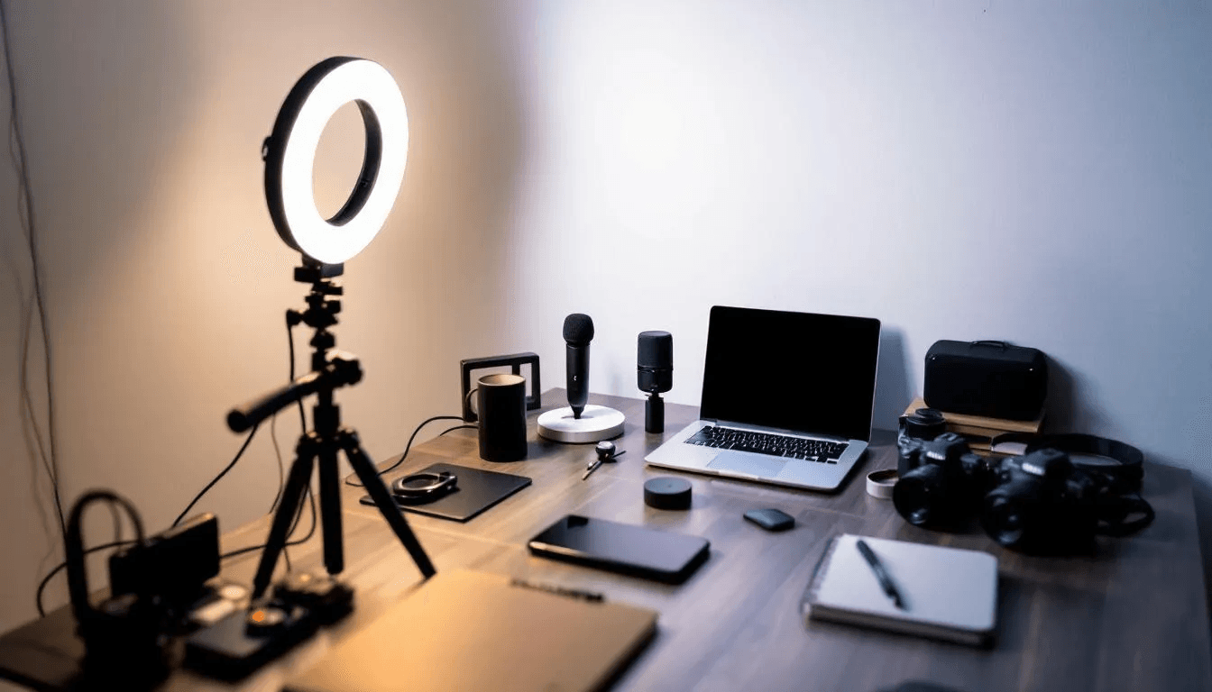 A creative workspace featuring a ring light and tripod surrounded by various products ideal for user generated content (UGC) creation. This setup is perfect for aspiring UGC creators looking to produce high-quality content for social media platforms.