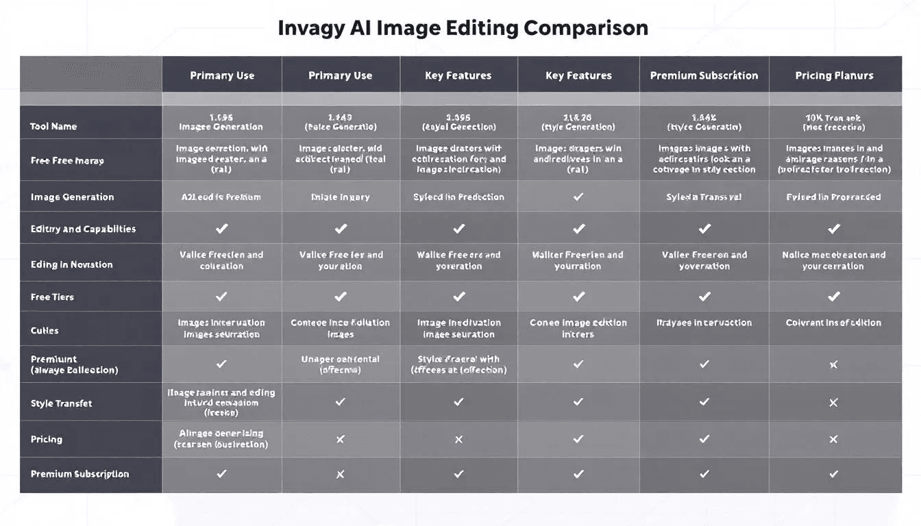 The image features a comparison chart of various AI image editors, detailing their key features and pricing options. It highlights tools for photo editing, including free AI image editors and their capabilities for generating multiple variations and enhancing images, making it a valuable resource for users interested in editing tools for personal or professional projects.