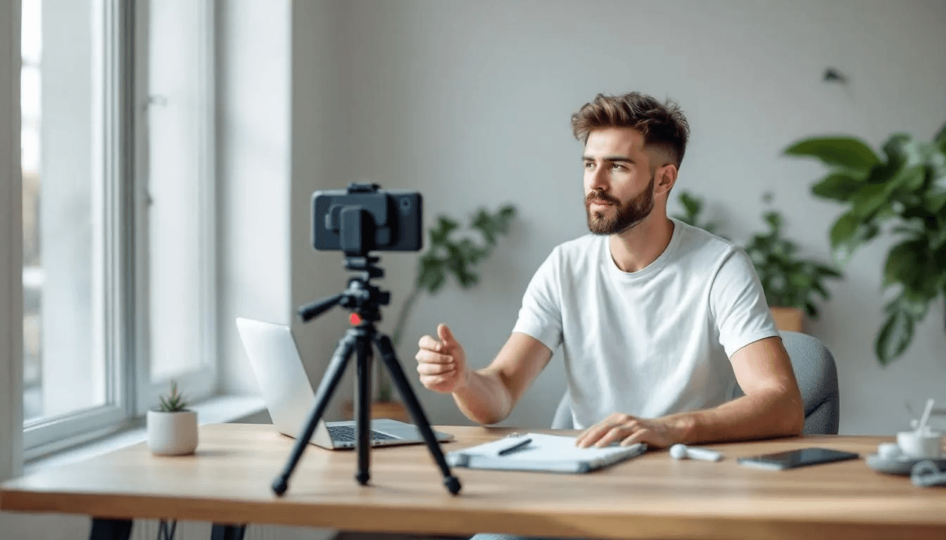A content creator is filming a product review using a smartphone setup, illuminated by natural lighting, showcasing the process of user-generated content creation. This scene captures the essence of authentic content production, ideal for social media platforms and marketing campaigns.