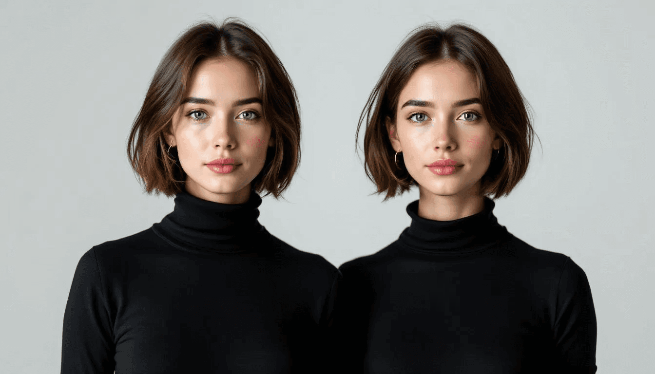 The image shows a side-by-side comparison of a real person and their realistic AI avatar, highlighting the lifelike digital version created using an AI avatar generator. Both the individual and the avatar display similar facial features and expressions, showcasing the advanced capabilities of personalized AI avatars.