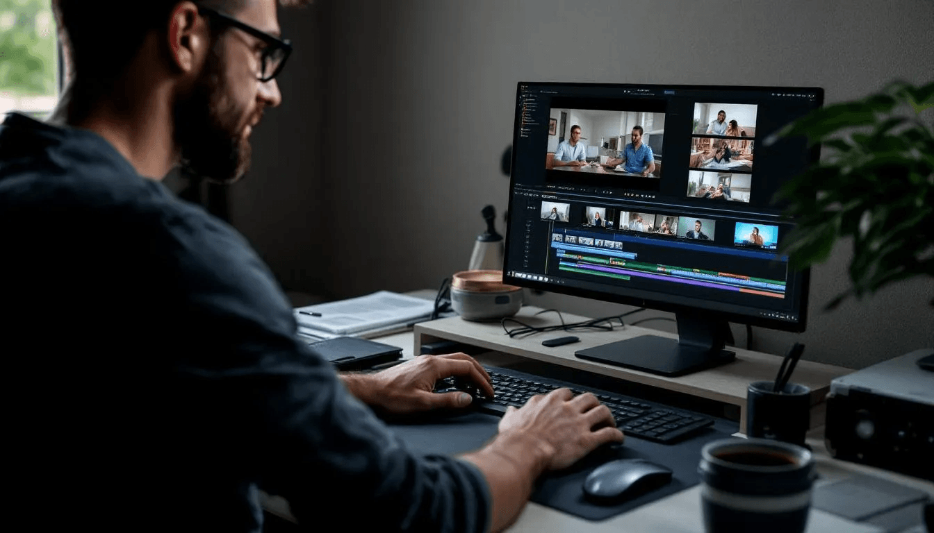 A person is focused on editing user-generated content (UGC) video on a laptop, with multiple video clips and a timeline visible on the screen, showcasing the process of content creation for social media platforms. This scene highlights the creative freedom and technical skills involved in producing high-quality UGC that resonates with target audiences.