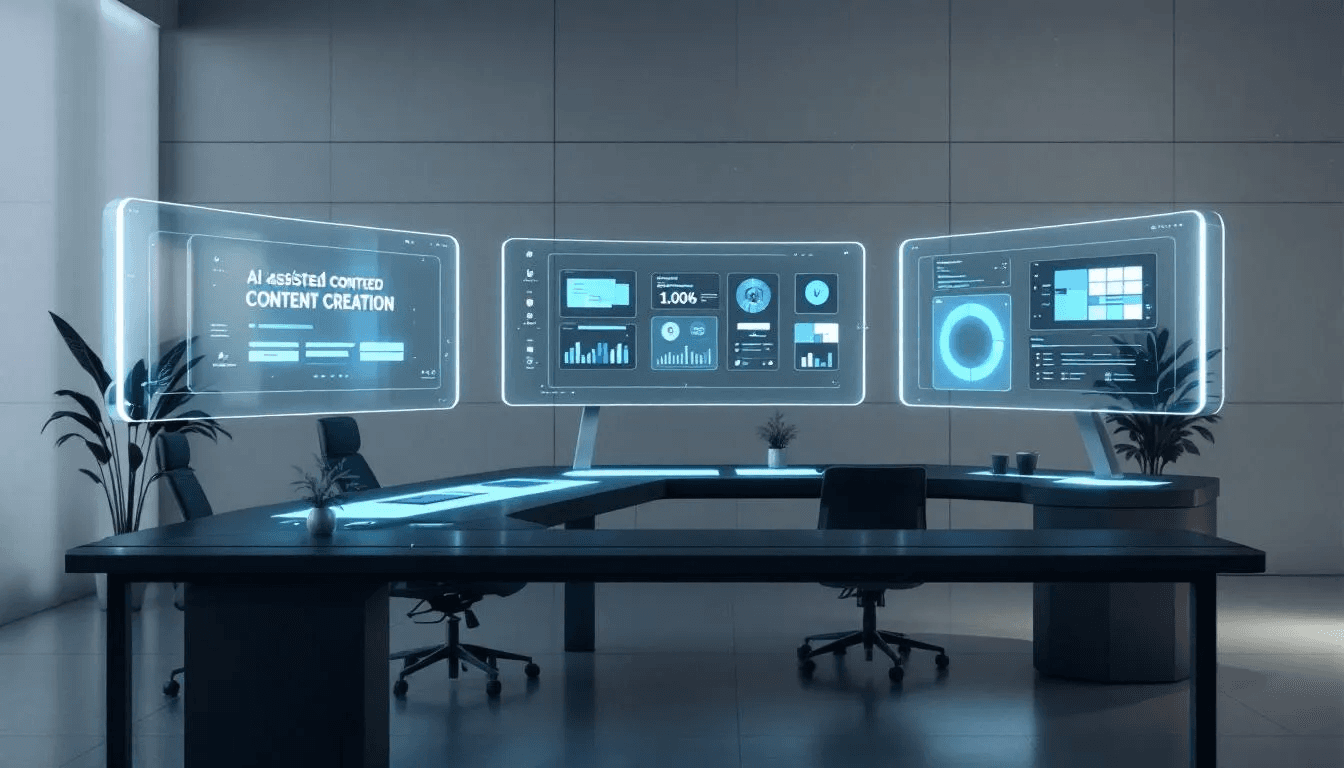 The image depicts a futuristic workspace filled with multiple screens showcasing AI-assisted tools for content creation, ideal for user-generated content creators. The setup emphasizes digital marketing strategies, allowing creators to produce high-quality, authentic content for various social media platforms.