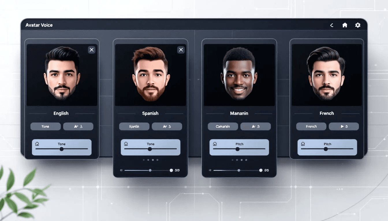 The image displays a comparison of various AI avatar voice options and languages, showcasing different realistic talking avatars with unique digital representations. Each avatar features distinct facial expressions and customization options, highlighting the endless possibilities available through an AI avatar generator.