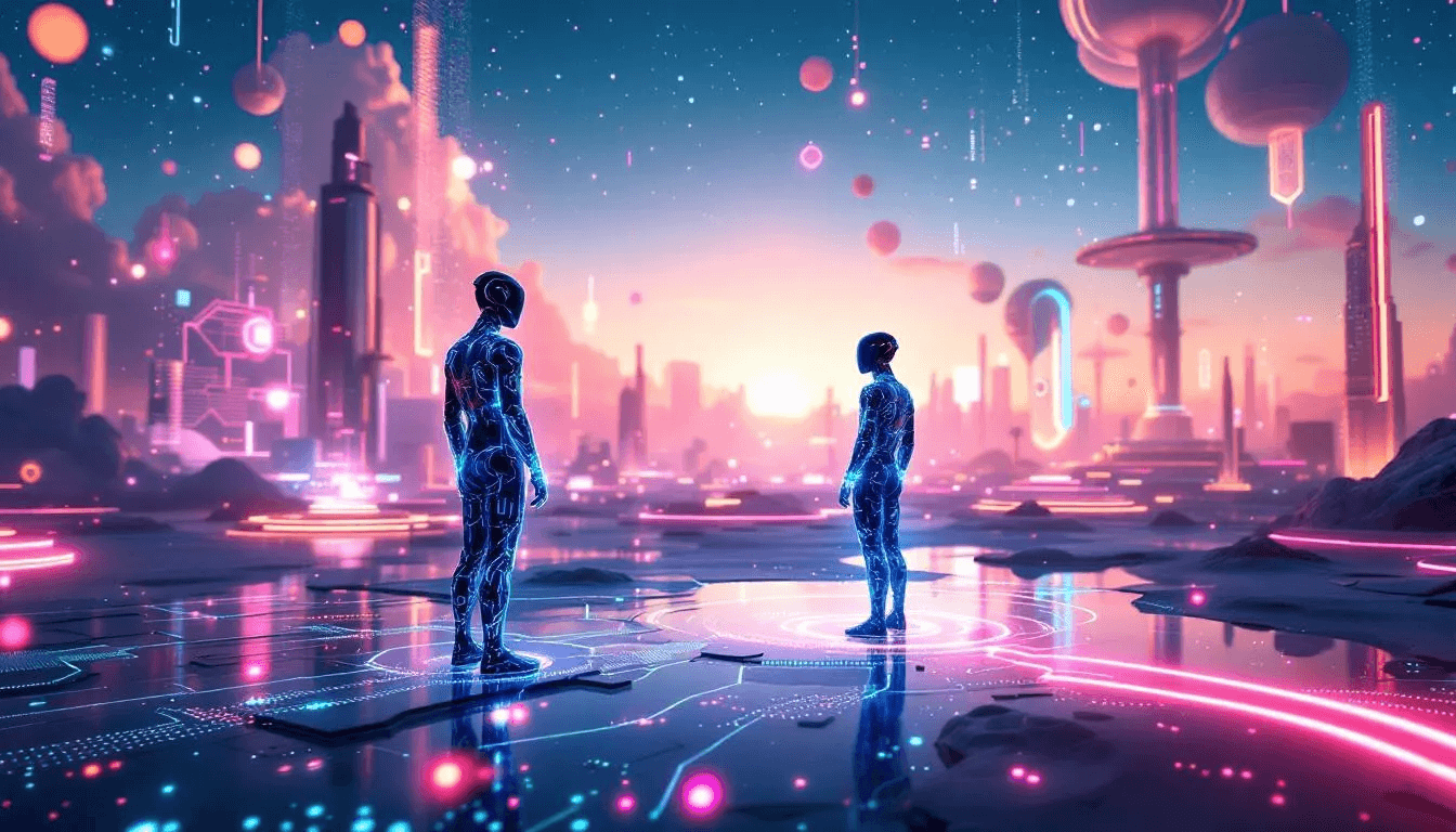The image depicts a vibrant futuristic scene showcasing various AI avatars interacting within a virtual reality environment, highlighting their lifelike features and natural facial expressions. This immersive setting emphasizes the endless possibilities of creating personalized AI avatars using an avatar generator for free.