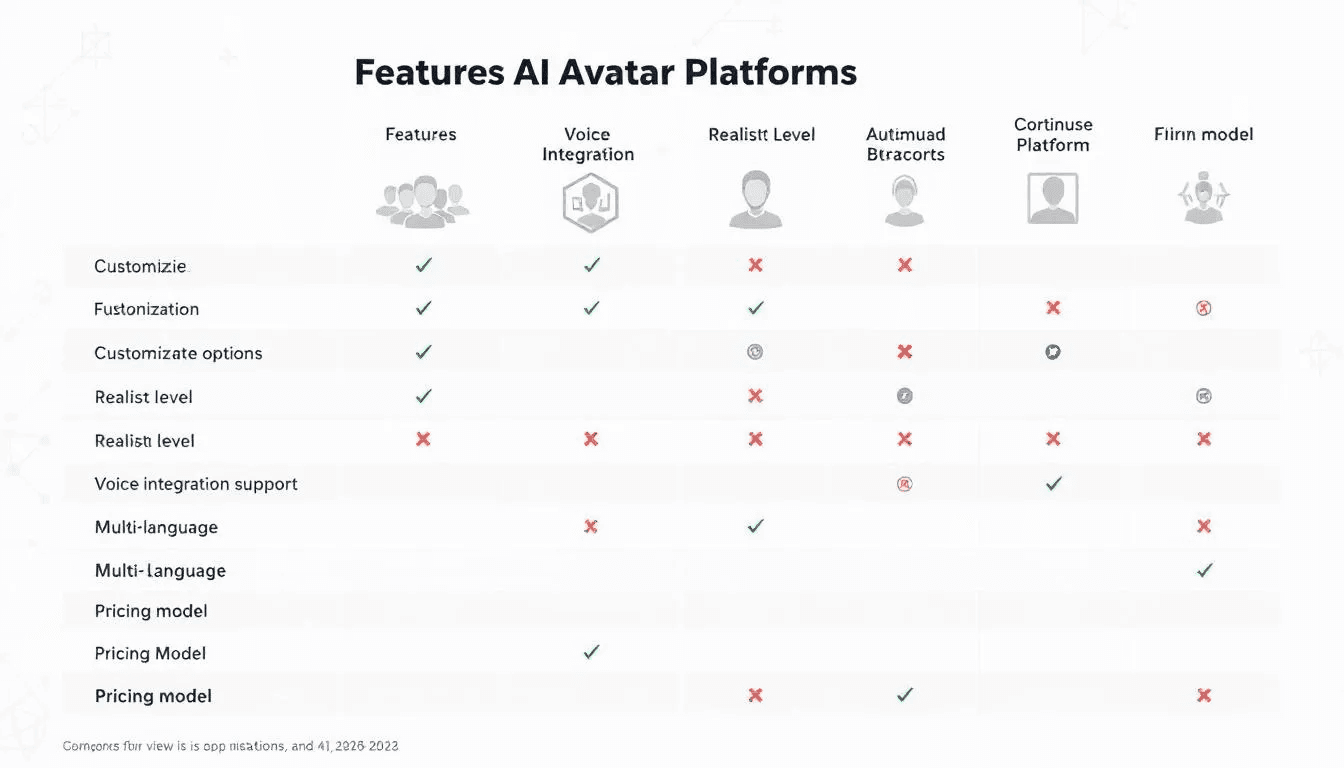 The image depicts a comparison chart of various AI avatar platforms, highlighting key features such as customization options, video creation capabilities, and the ability to create realistic AI avatars. Each platform is evaluated on aspects like ease of use, avatar styles, and whether they offer a free version for users to create their own AI avatar.