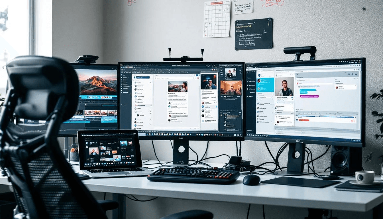 The image depicts a professional creator workspace featuring multiple monitors, one displaying video editing software and another showing a client communication platform, ideal for user generated content creators. This setup reflects the dynamic environment where content creators manage their projects and engage with clients, emphasizing the importance of high-quality content and effective marketing strategies.