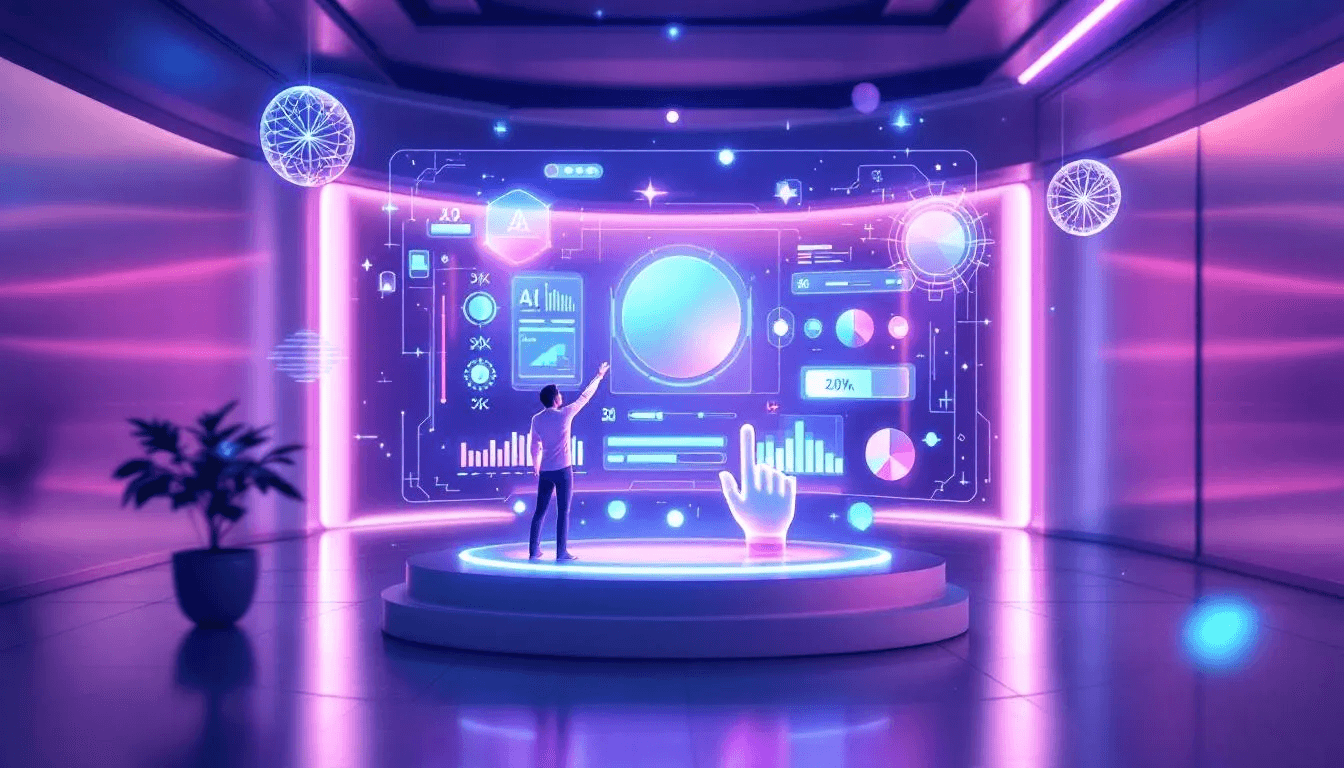 The image depicts a futuristic AI image editing interface featuring holographic displays and real-time processing capabilities, showcasing various editing tools for transforming images and generating multiple variations. This advanced setup illustrates the potential of an AI photo editor to enhance photos with professional-looking results, emphasizing the creative process and intuitive user experience.