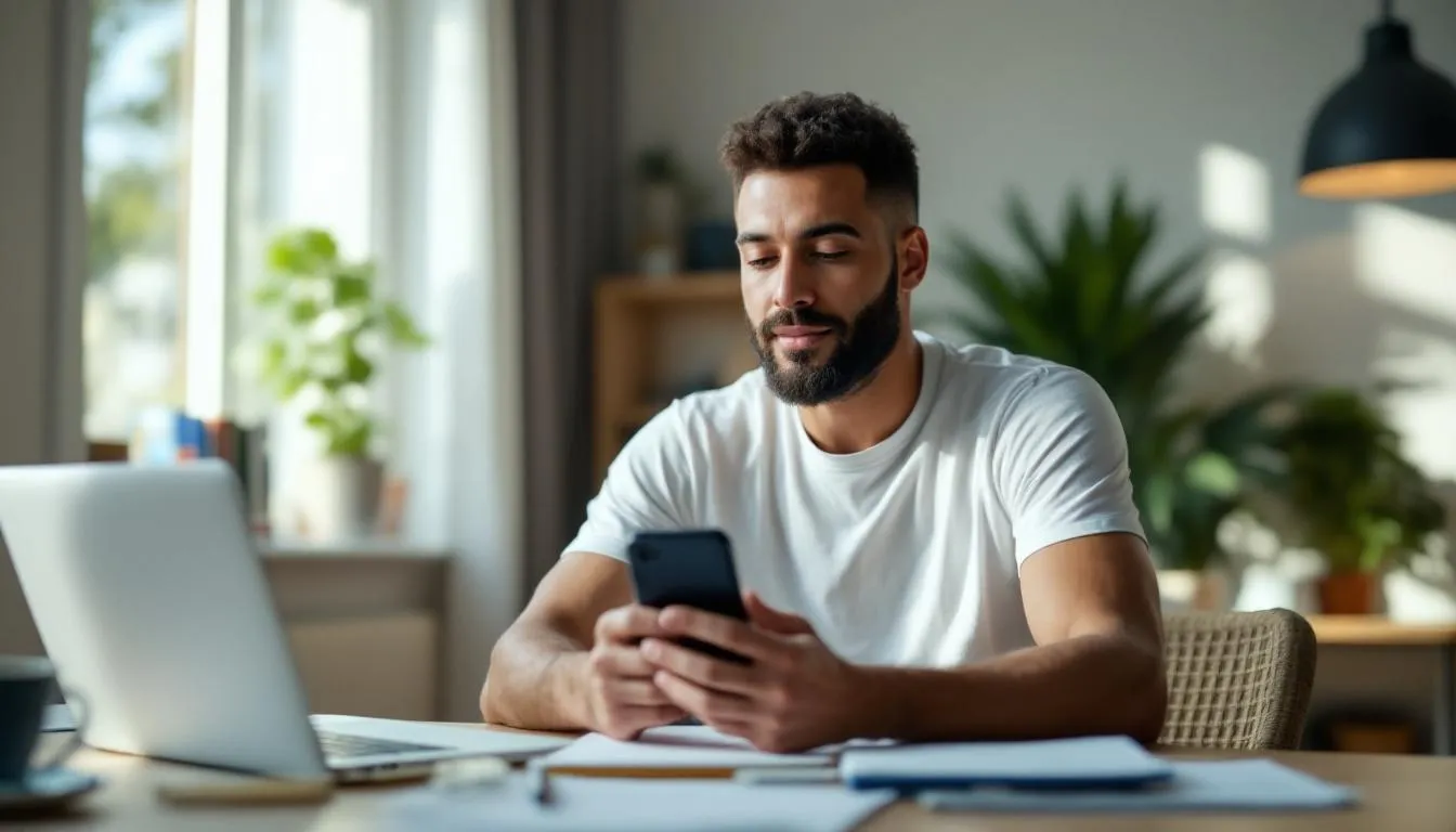 A person sits at a desk in natural light, using a smartphone to record a product review, showcasing an authentic user generated video that highlights their genuine experiences with the product. This engaging content is perfect for social media platforms, allowing potential customers to connect with real users and their personal stories.