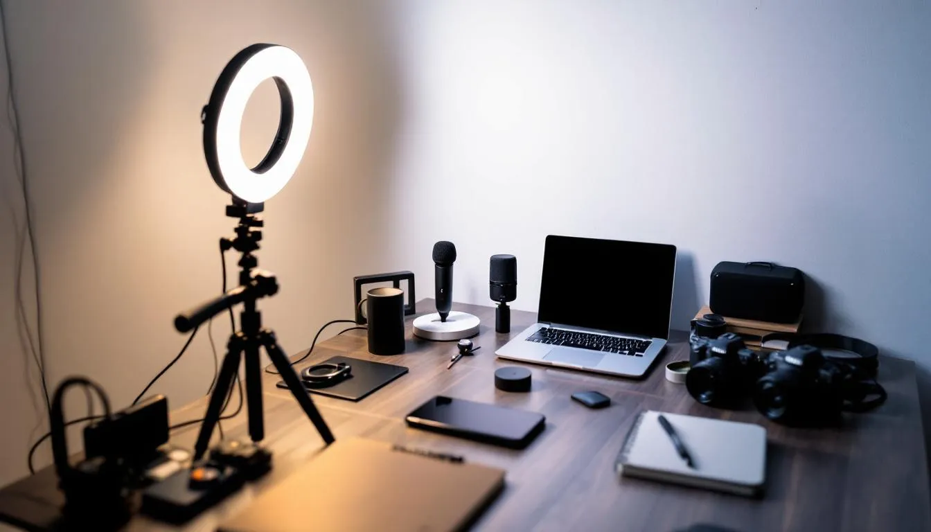 A creative workspace featuring a ring light and tripod surrounded by various products ideal for user generated content (UGC) creation. This setup is perfect for aspiring UGC creators looking to produce high-quality content for social media platforms.