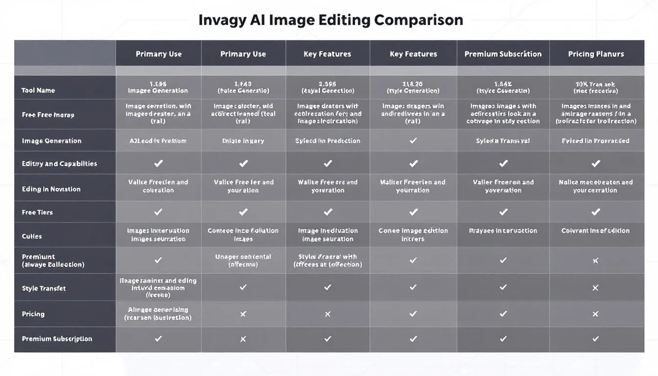 The image features a comparison chart of various AI image editors, detailing their key features and pricing options. It highlights tools for photo editing, including free AI image editors and their capabilities for generating multiple variations and enhancing images, making it a valuable resource for users interested in editing tools for personal or professional projects.