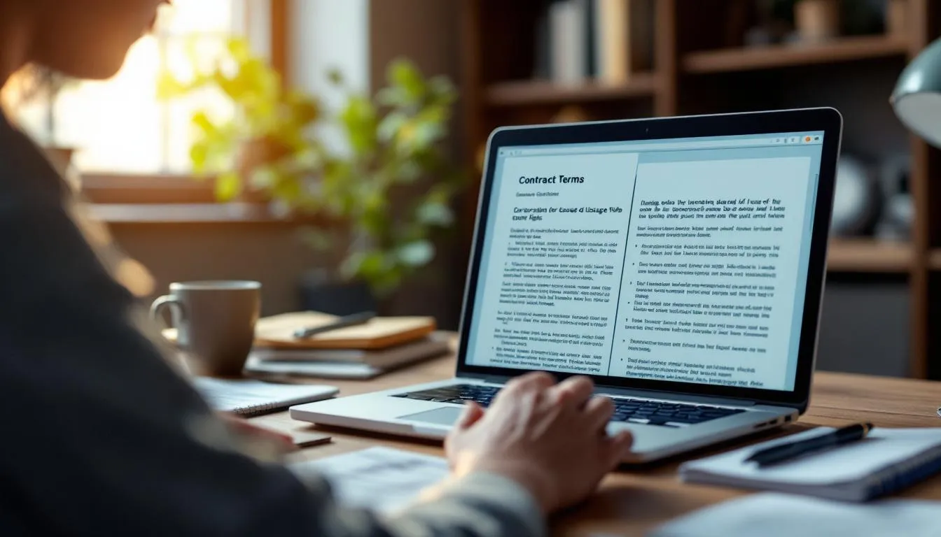 A content creator is focused on reviewing contract terms on their laptop, surrounded by usage rights documentation related to user-generated content. This scene highlights the importance of understanding legal agreements for successful UGC creators in digital marketing and social media campaigns.
