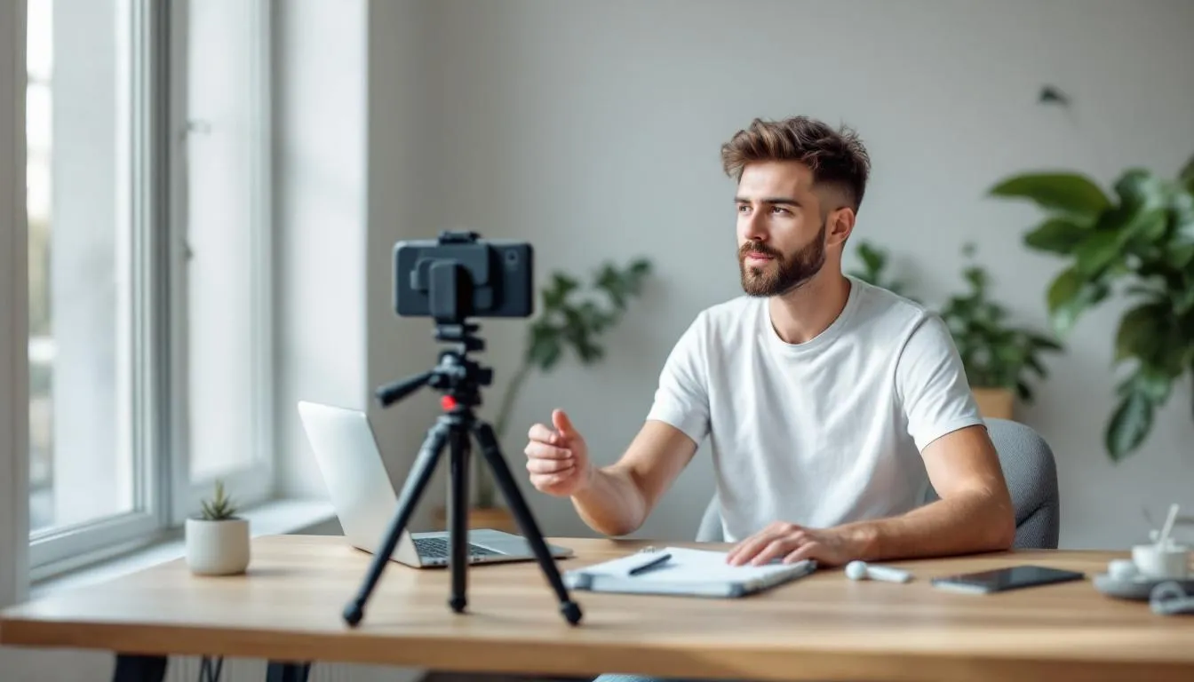 A content creator is filming a product review using a smartphone setup, illuminated by natural lighting, showcasing the process of user-generated content creation. This scene captures the essence of authentic content production, ideal for social media platforms and marketing campaigns.