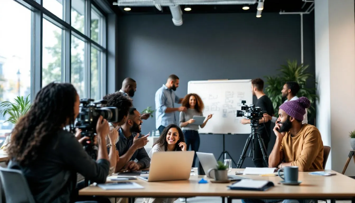 A diverse group of individuals collaborates in a bright, modern workspace, creating engaging user-generated video content. They are brainstorming ideas for authentic content that will resonate with their target audience on social media platforms.