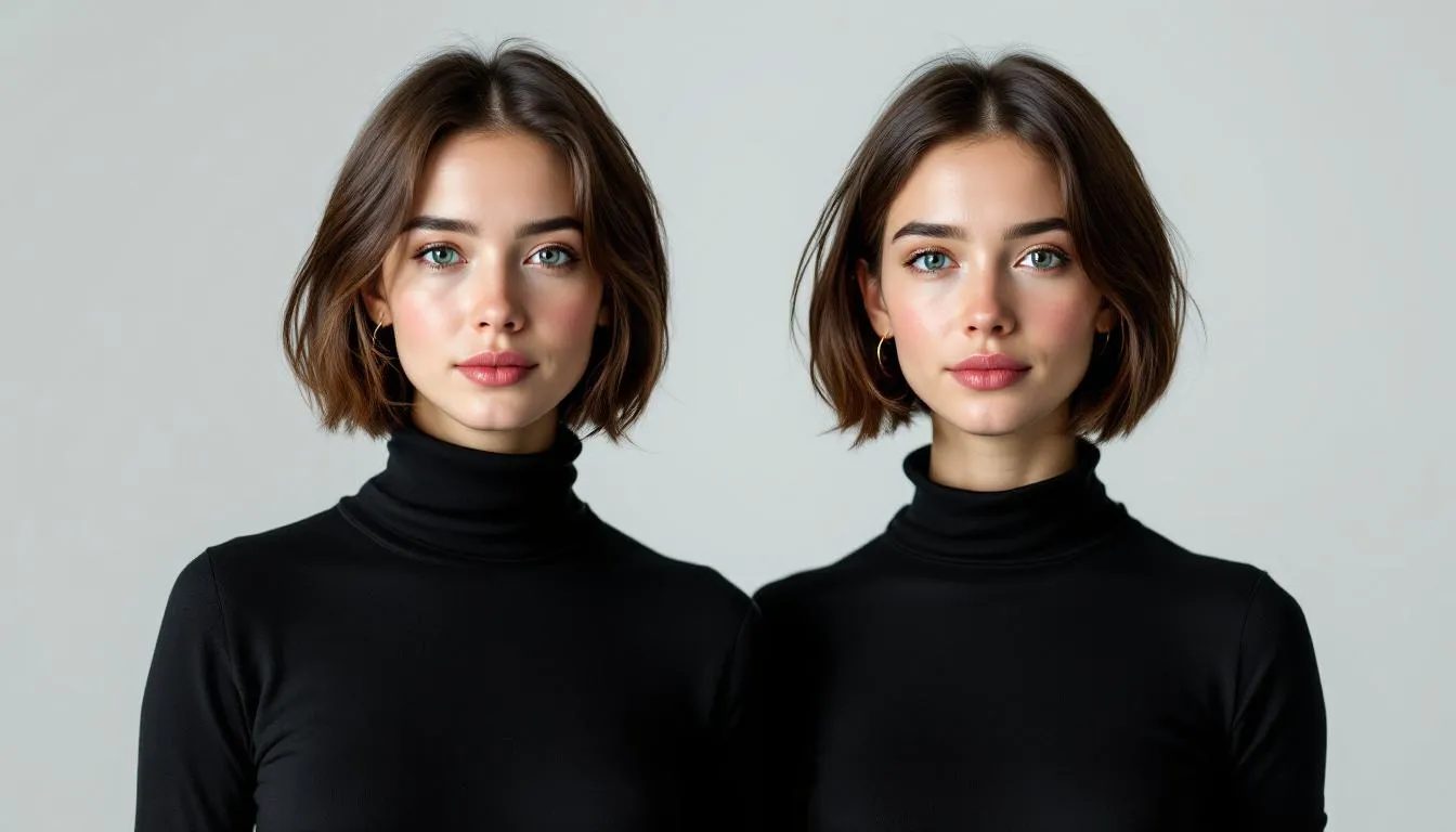 The image shows a side-by-side comparison of a real person and their realistic AI avatar, highlighting the lifelike digital version created using an AI avatar generator. Both the individual and the avatar display similar facial features and expressions, showcasing the advanced capabilities of personalized AI avatars.