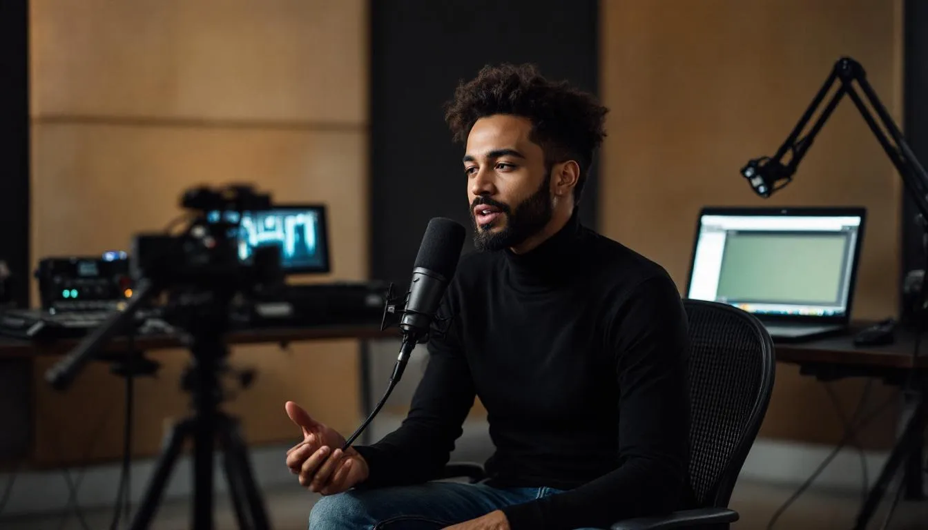 An individual is recording voice samples in a studio setting to create a personalized AI avatar, utilizing advanced features of an AI avatar maker to ensure realistic facial expressions and lip sync for their digital representation. The scene captures the essence of video content creation, highlighting the process of generating high-quality, lifelike avatars for various applications.