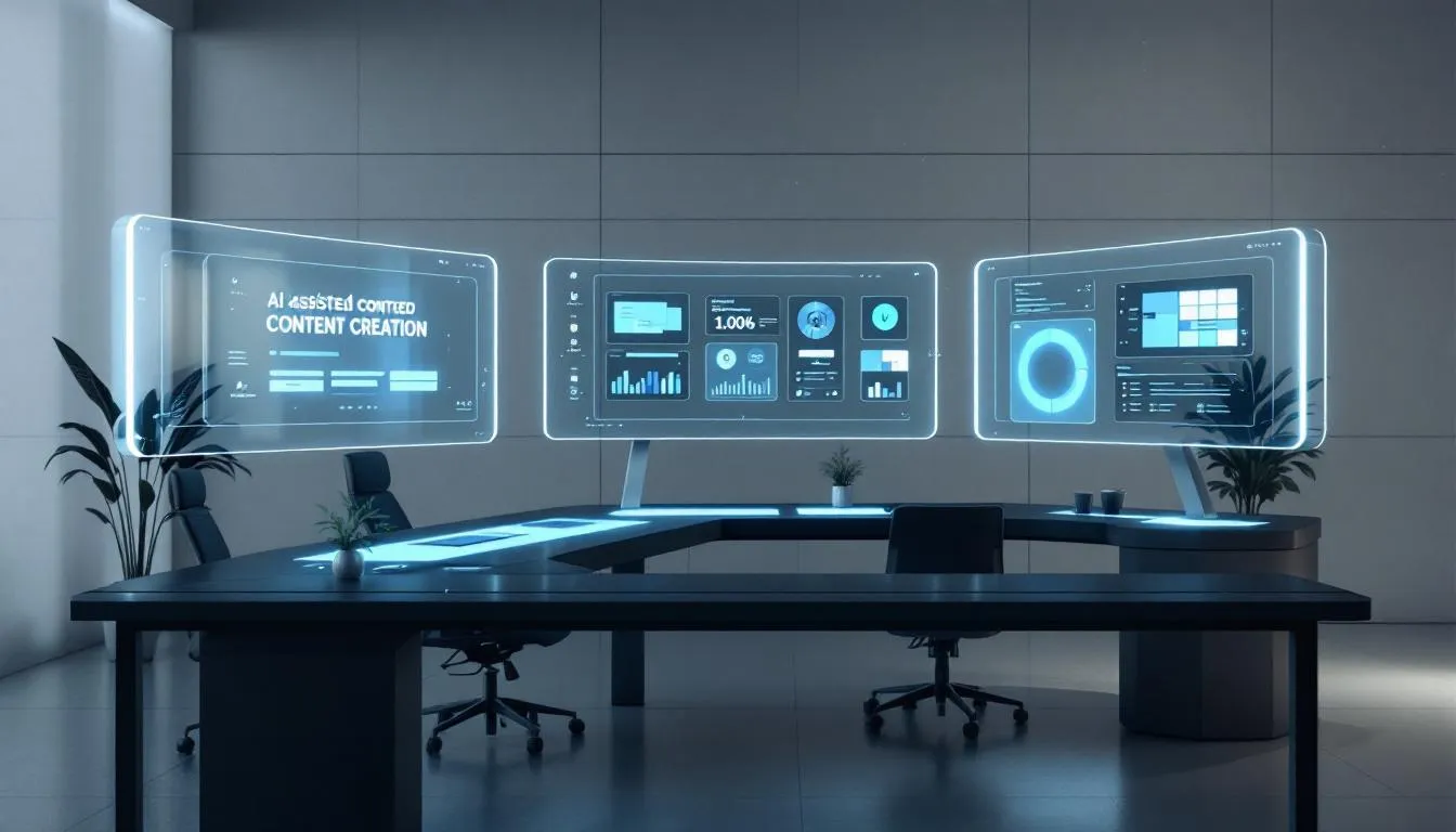 The image depicts a futuristic workspace filled with multiple screens showcasing AI-assisted tools for content creation, ideal for user-generated content creators. The setup emphasizes digital marketing strategies, allowing creators to produce high-quality, authentic content for various social media platforms.
