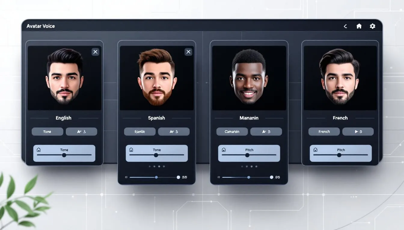 The image displays a comparison of various AI avatar voice options and languages, showcasing different realistic talking avatars with unique digital representations. Each avatar features distinct facial expressions and customization options, highlighting the endless possibilities available through an AI avatar generator.