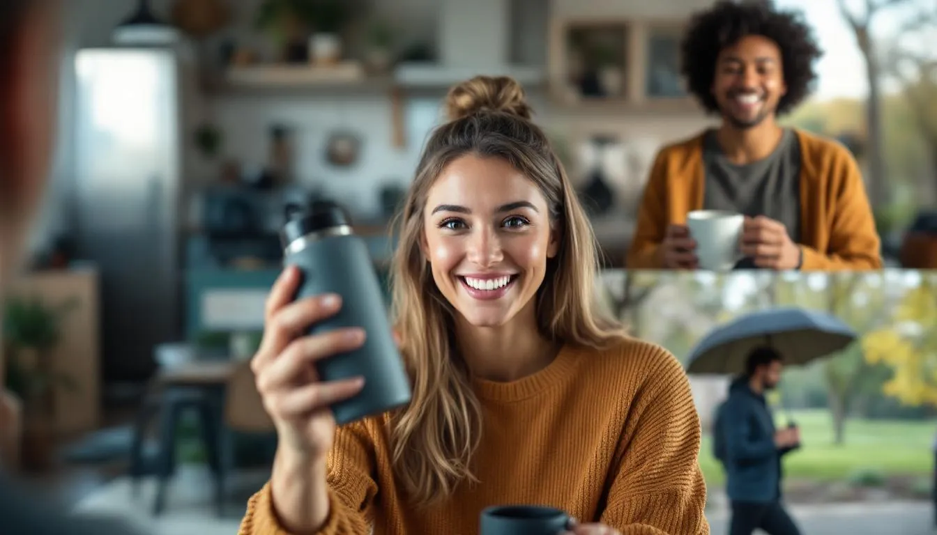 The image depicts content creators filming themselves using various branded products in everyday settings, showcasing authentic moments that highlight their genuine experiences. This user-generated video content, often shared on social media platforms, emphasizes brand credibility and personal storytelling, making it relatable for potential customers.
