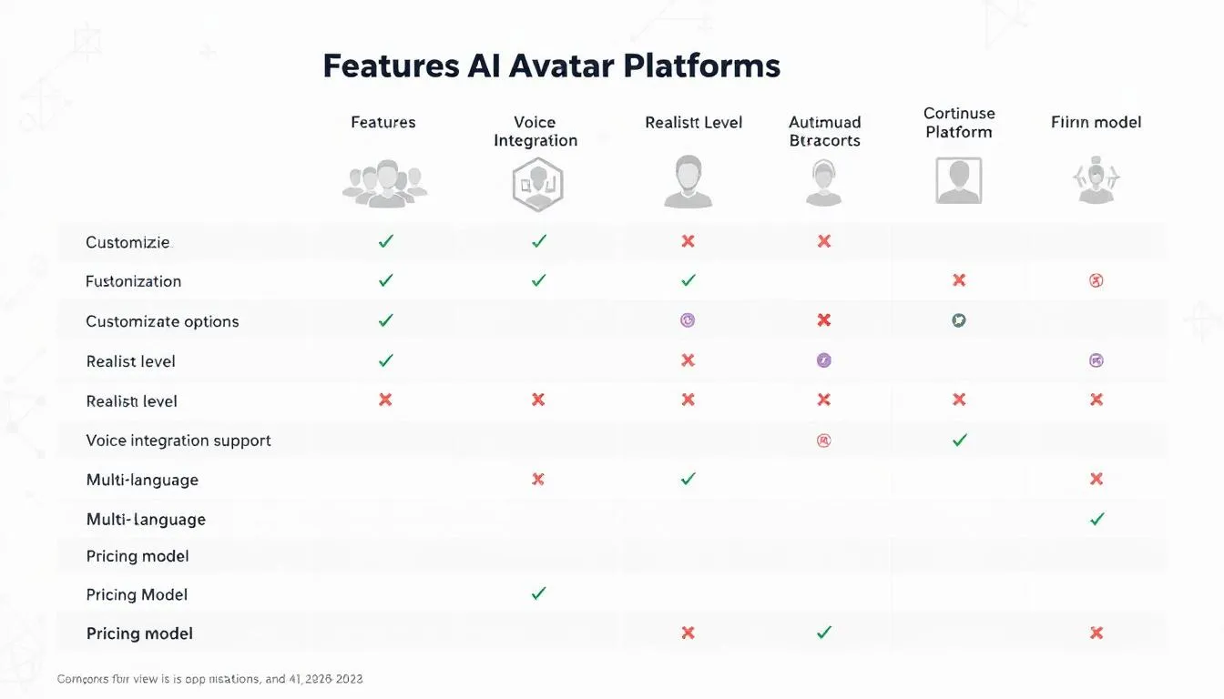 The image depicts a comparison chart of various AI avatar platforms, highlighting key features such as customization options, video creation capabilities, and the ability to create realistic AI avatars. Each platform is evaluated on aspects like ease of use, avatar styles, and whether they offer a free version for users to create their own AI avatar.