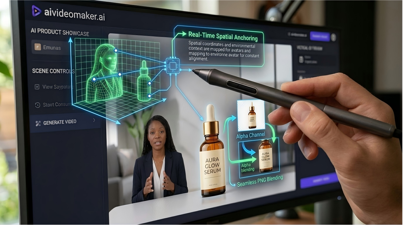 Algorithmic spatial composition matrix: demonstrating how a 2D product PNG is mathematically anchored into a 3D virtual set alongside an AI avatar