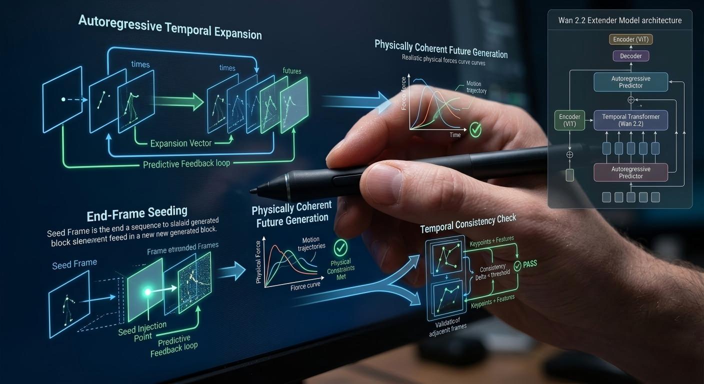 Autoregressive architecture of temporal expansion: showing the final frame of Clip A acting as the rigid generative seed for the initial frame of Clip B