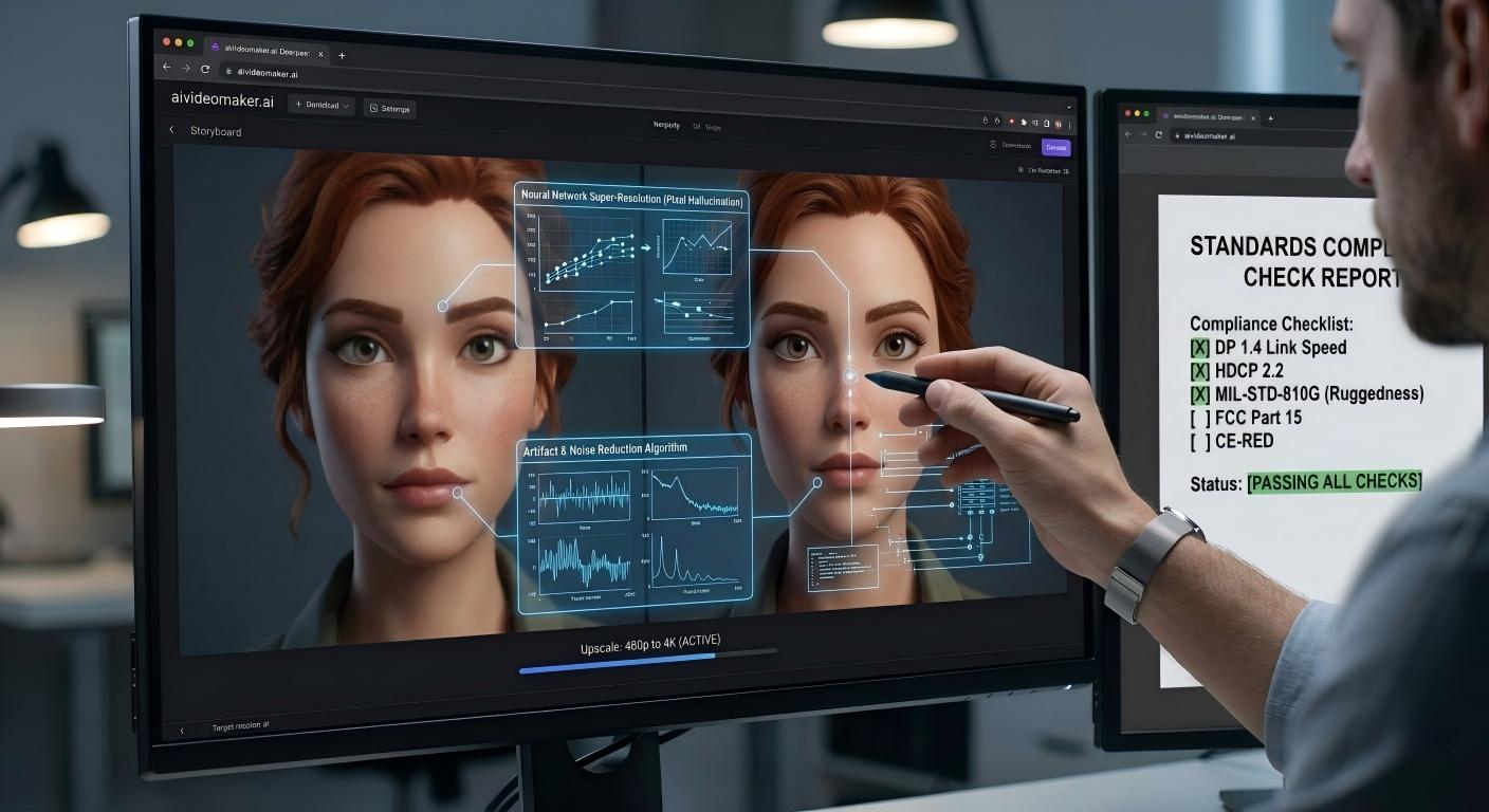 Split-screen comparison: a heavily artifacted 480p source file next to a neural-enhanced, high-fidelity 1080p output