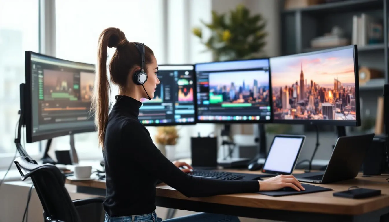 The image depicts a content creator actively using an AI avatar maker to produce engaging social media videos. The scene showcases a lifelike digital version of the creator, featuring natural facial expressions and lip sync, highlighting the endless possibilities of personalized AI avatars in video content creation.