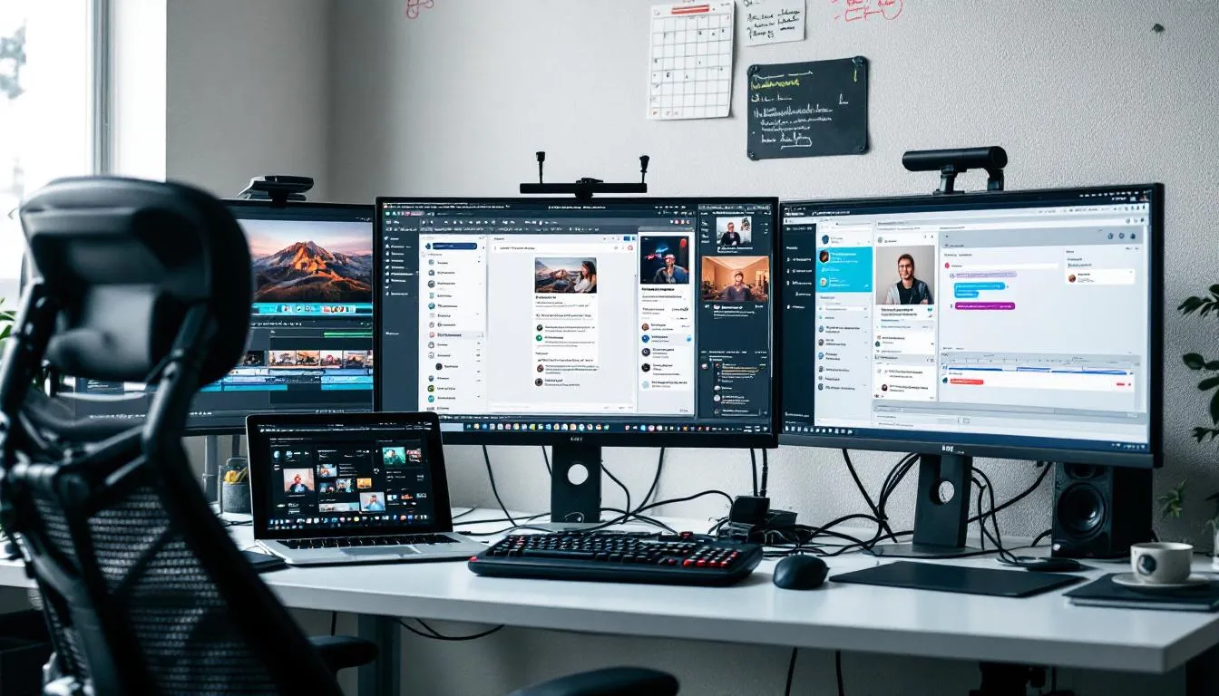 The image depicts a professional creator workspace featuring multiple monitors, one displaying video editing software and another showing a client communication platform, ideal for user generated content creators. This setup reflects the dynamic environment where content creators manage their projects and engage with clients, emphasizing the importance of high-quality content and effective marketing strategies.