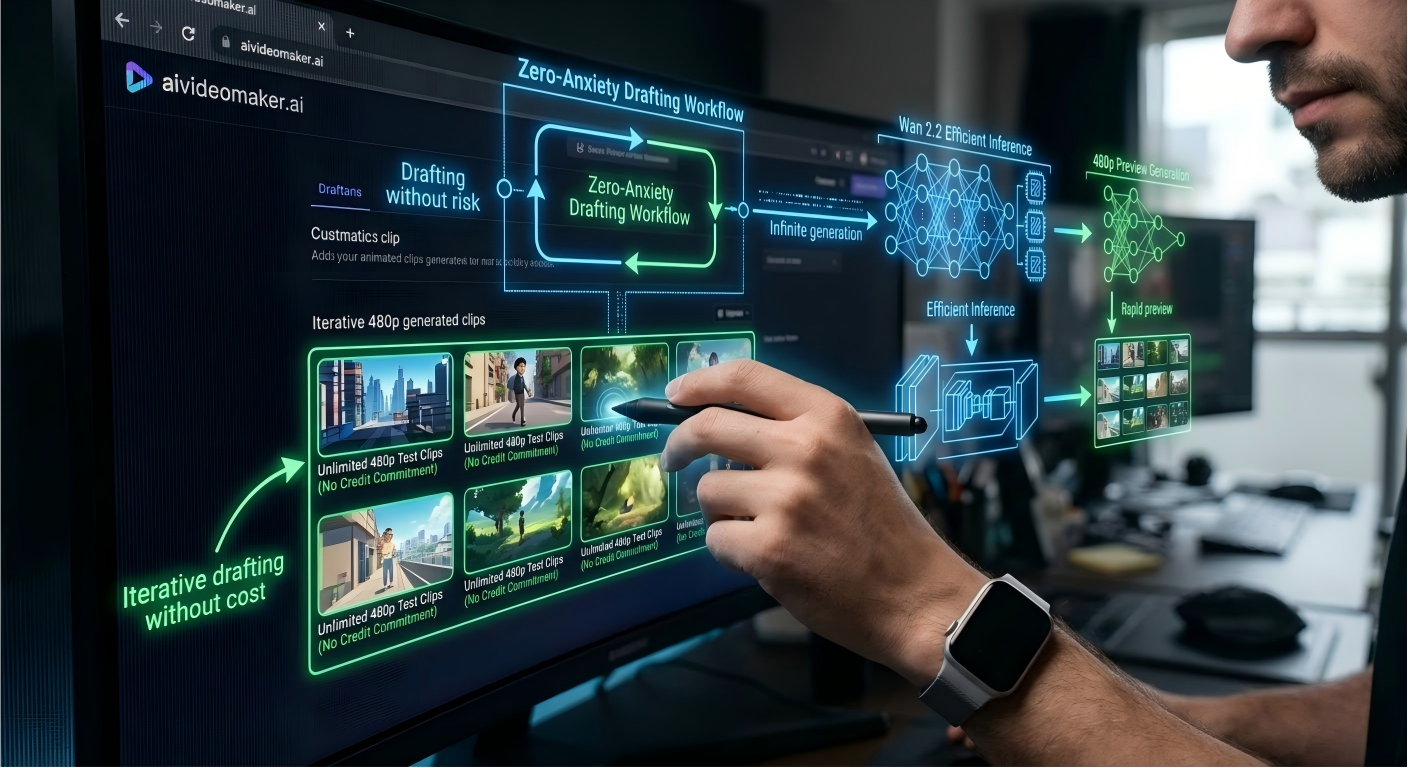 Zero-Anxiety SaaS architecture workflow: demonstrating the iterative feedback loop of unlimited 480p drafting leading to a final finalized text prompt