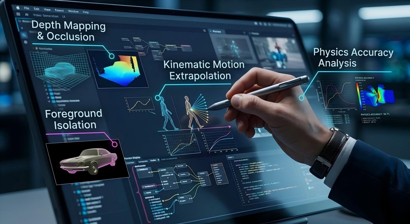 Algorithmic conversion of a flat 2D photograph into a multi-layered, volumetric depth map used for conditional AI motion prediction