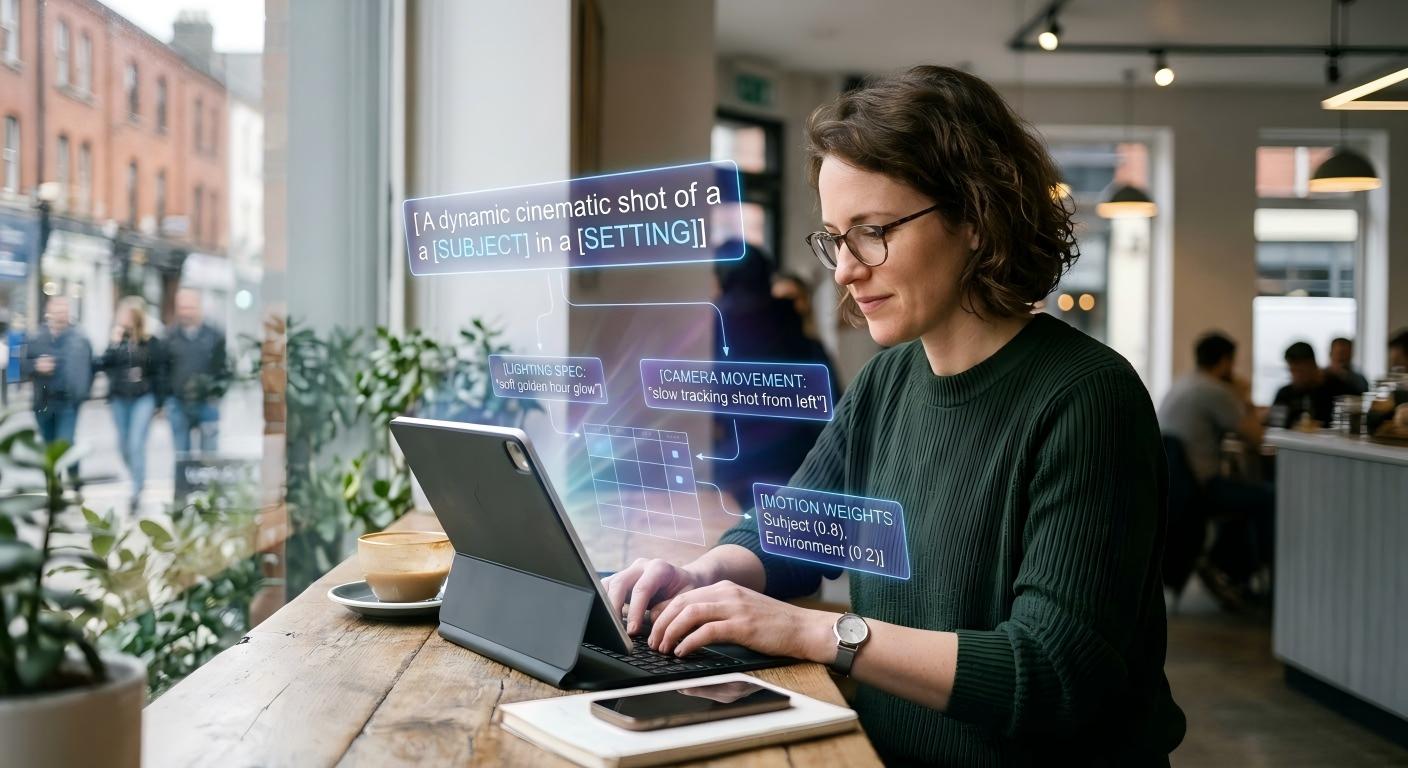 Structural anatomy of a perfect AI video prompt: Subject + Action + Environment + Lighting + Camera Angle